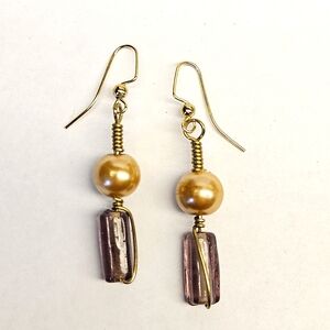 Purple Glass and Tan Faux Pearl Beaded Earrings